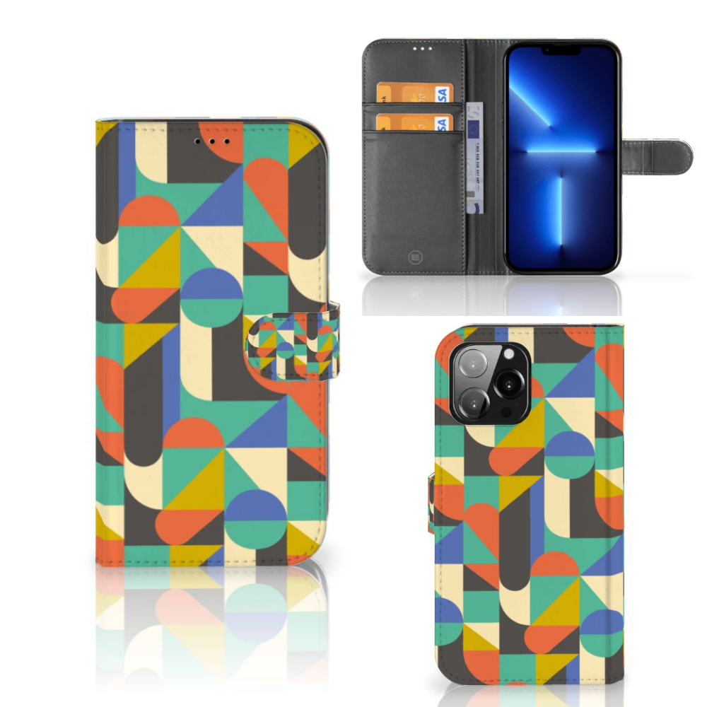 iPhone 13 Pro Max Telefoon Hoesje Funky Retro met kleurrijk geometrisch ontwerp đ en ruimte voor pasjes.