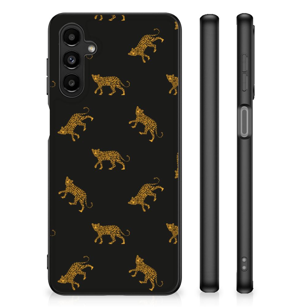 Dierenprint Telefoonhoesje voor Samsung Galaxy A14 5G Leopards met luipaardenprint op zwarte achtergrond.