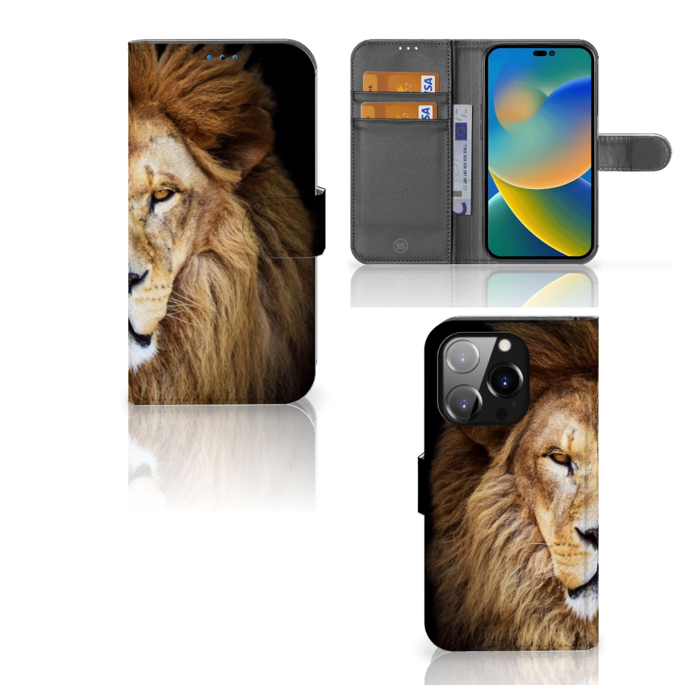iPhone 14 Pro Telefoonhoesje met Pasjes Leeuw met magnetische sluitclip en binnenkant van TPU đĻ
