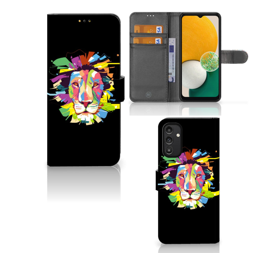 Samsung Galaxy A14 5G Leuk Hoesje Lion Color met kleurrijk leeuwendesign en vakjes voor pasjes.