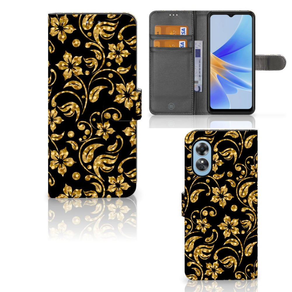 OPPO A17 Hoesje Gouden Bloemen