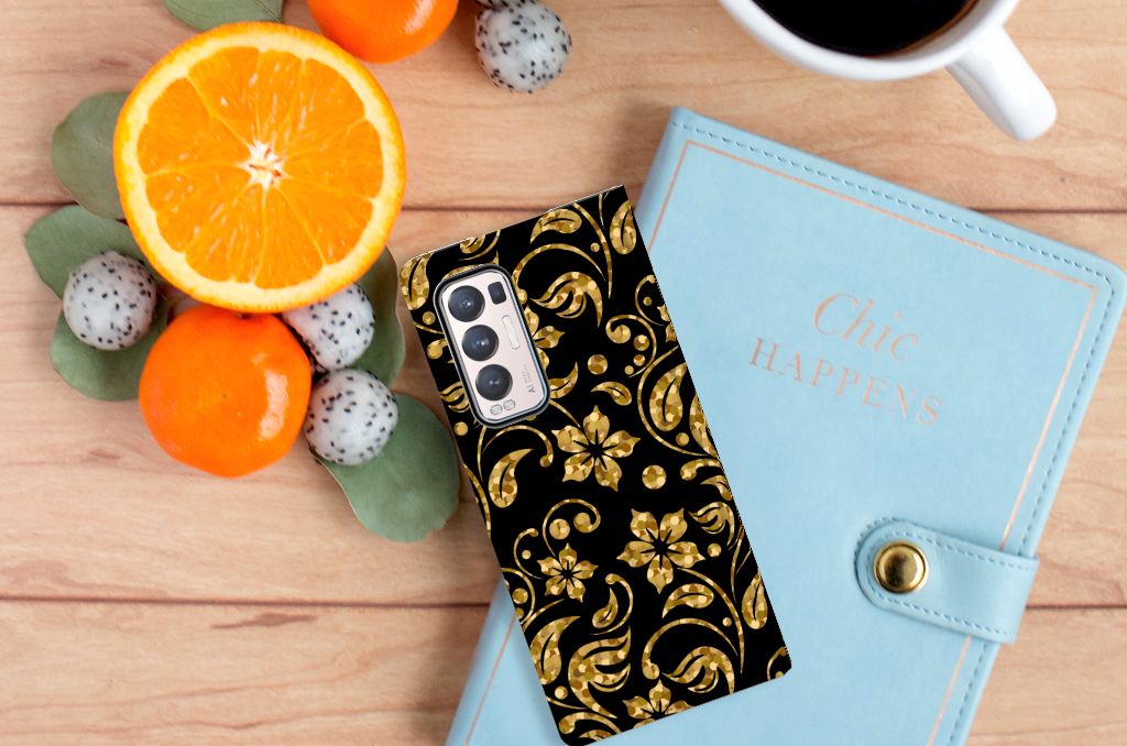 OPPO Find X3 Neo Smart Cover Gouden Bloemen - B2C Telecom