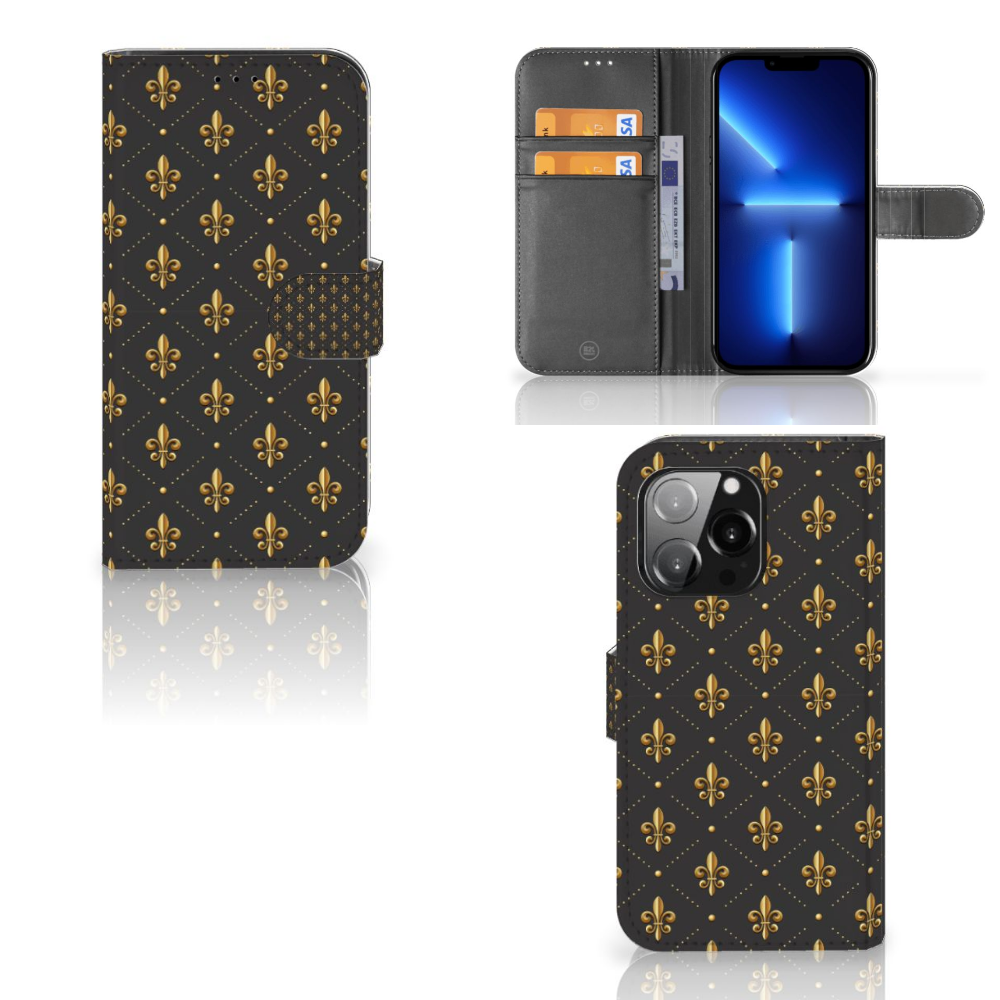 iPhone 13 Pro Telefoon Hoesje Franse Lelie met stijlvolle gouden lelieprint en ruimte voor pasjes.