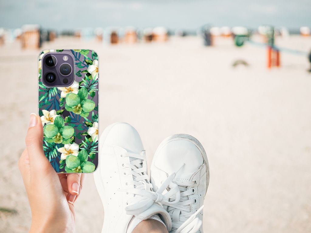 Apple iPhone 14 Pro TPU Case Orchidee Groen met een levendig design, perfect voor trendy bescherming! đē
