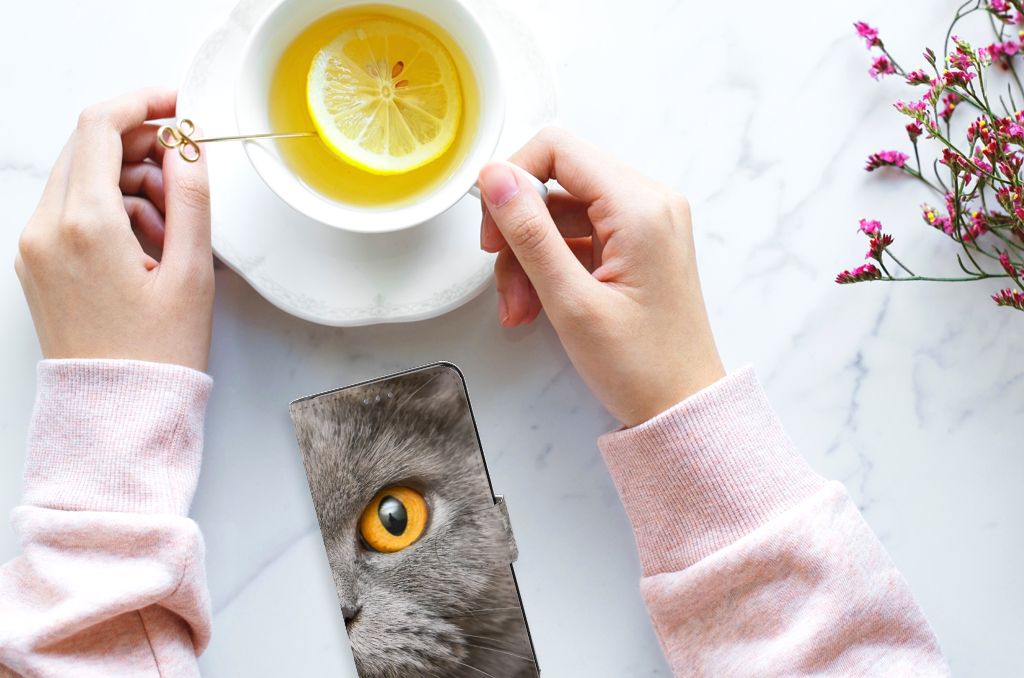 Telefoonhoesje met Pasjes Motorola Edge 30 Neo Britse Korthaar naast een kop thee met citroen.