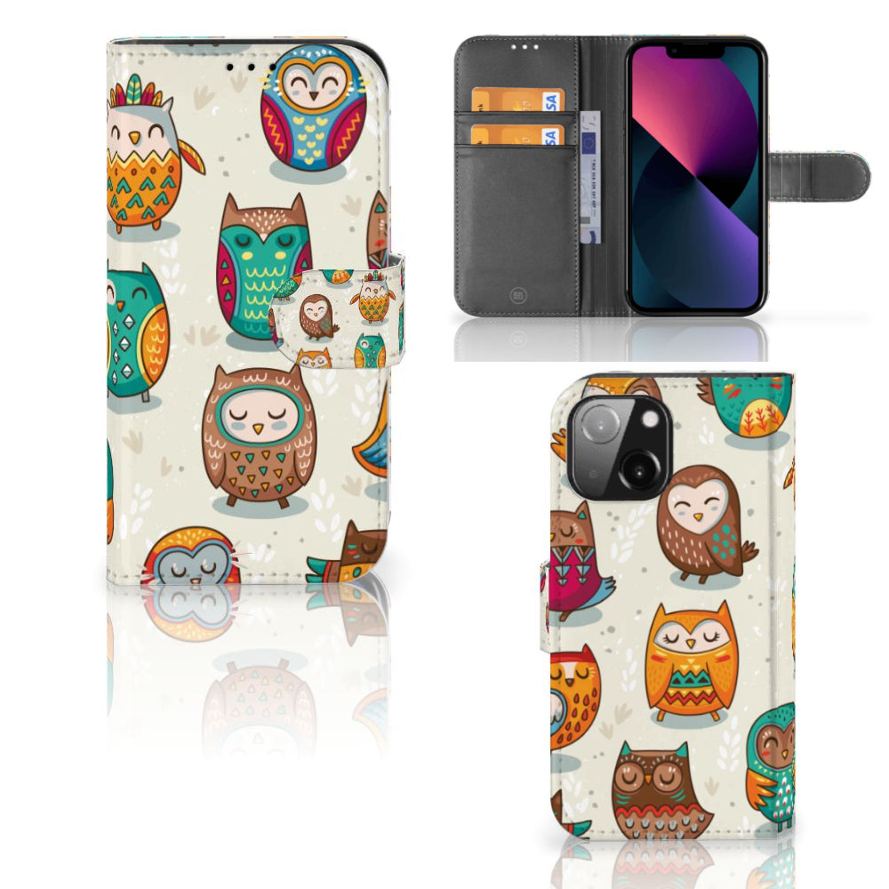 iPhone 13 Mini Telefoonhoesje met Pasjes Vrolijke Uilen