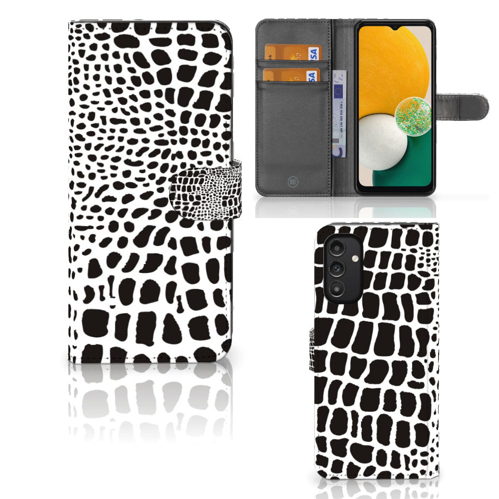 Samsung Galaxy A14 4G Telefoonhoesje met Pasjes Slangenprint in zwart-wit design met magnetische sluiting.