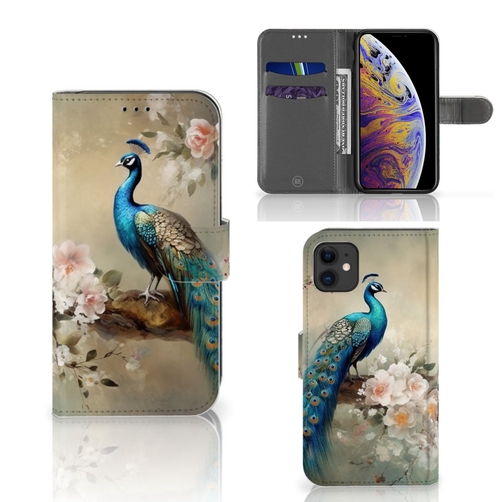 Telefoonhoesje met Pasjes voor Apple iPhone 11 Vintage Pauwen met kleurrijke pauwen in een romantische florale setting.