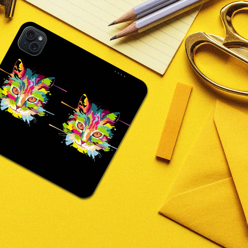 iPhone 15 Plus Magnet Case Cat Color met kleurrijk kat ontwerp op een zwarte achtergrond.