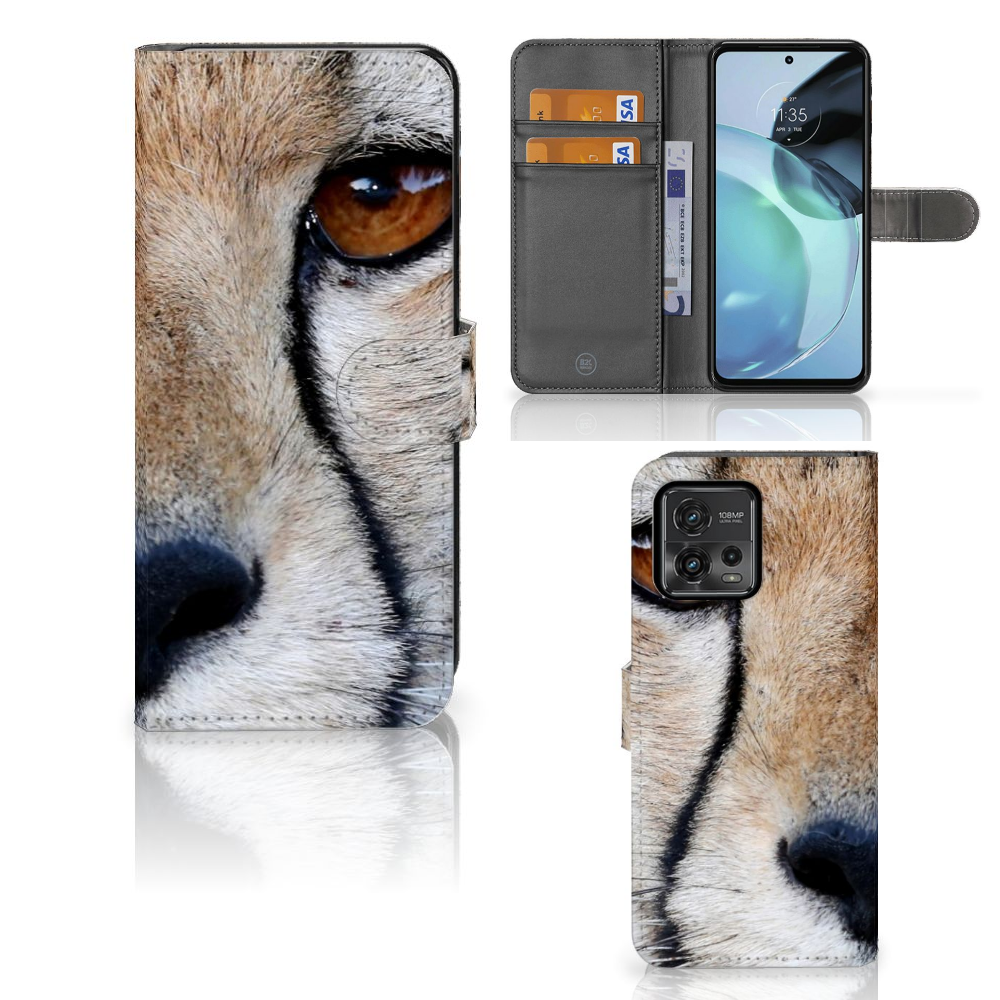 Motorola Moto G72 Telefoonhoesje met Pasjes Cheetah met close-up afbeelding van een cheeta.