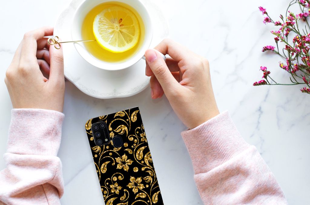 Samsung Galaxy M31 Smart Cover Gouden Bloemen - B2C Telecom
