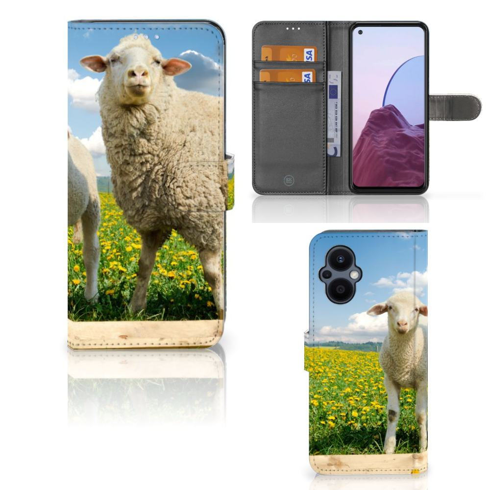 OPPO Reno 8 Lite | OnePlus Nord N20 Telefoonhoesje met Pasjes Schaap en Lammetje