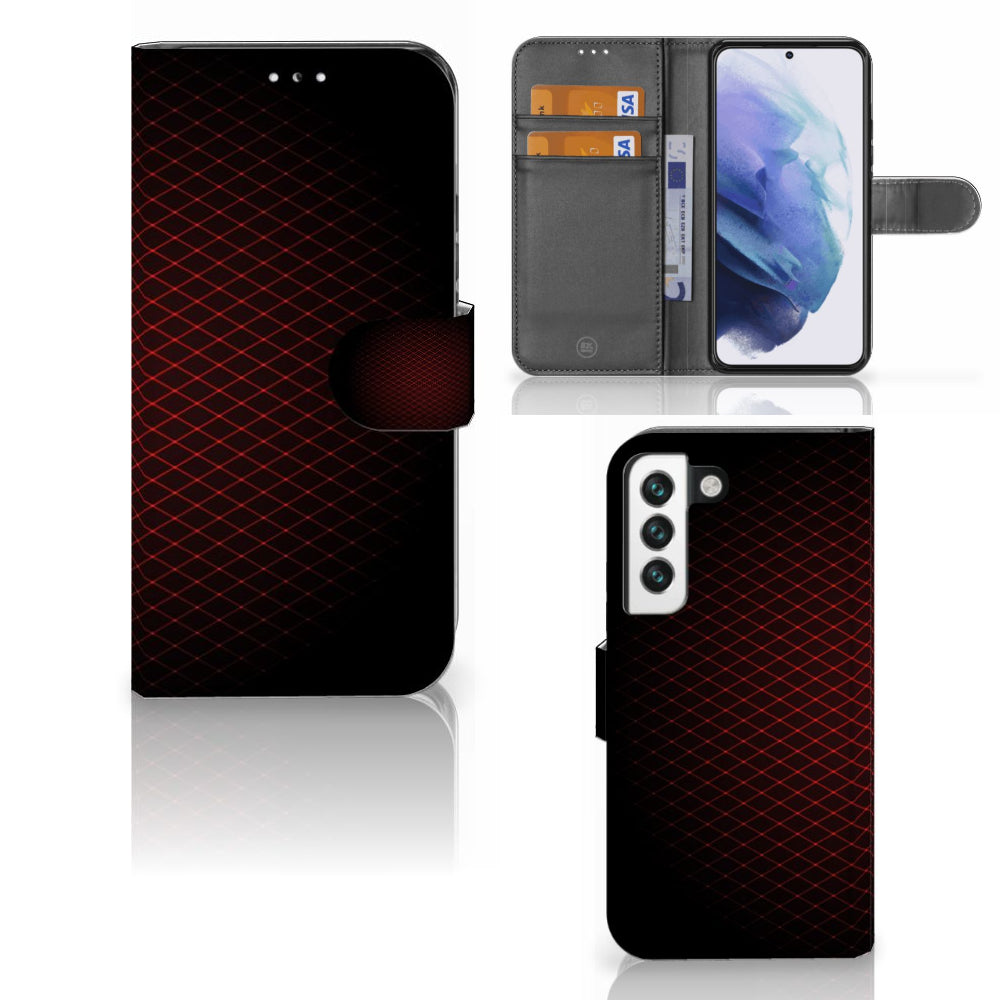 Samsung Galaxy S22 Telefoon Hoesje Geruit Rood met ruimte voor 3 pasjes in minimalistisch design.