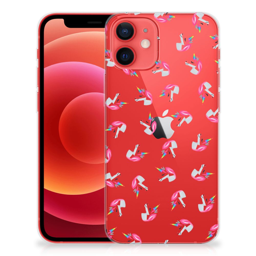 TPU bumper voor iPhone 12 Mini Unicorns met schattige eenhoorn design đĻ op een felle roze achtergrond.