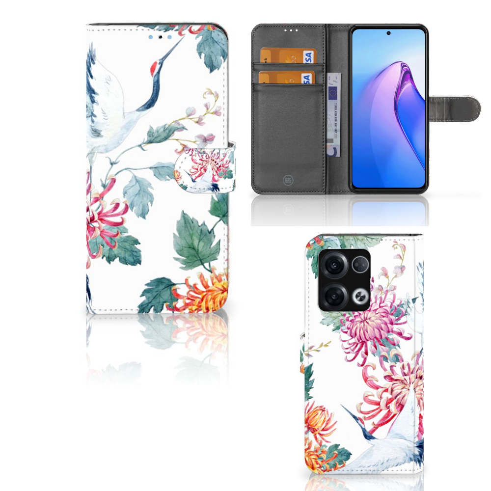 OPPO Reno8 Pro Telefoonhoesje met Pasjes Bird Flowers