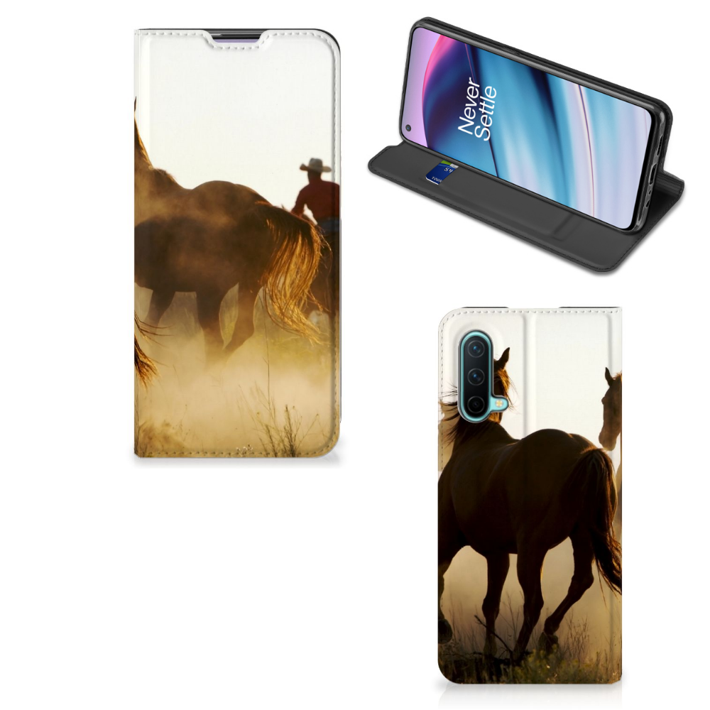 OnePlus Nord CE 5G Hoesje maken Design Cowboy met paardenprint en cowboy op de achtergrond.