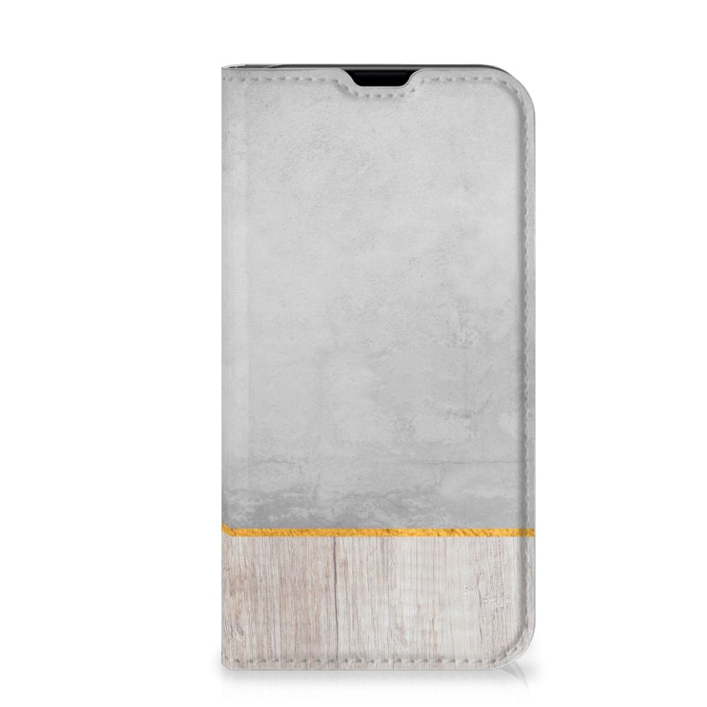 iPhone 13 Mini Book Wallet Case Wood Concrete met een uniek design van hout en beton.