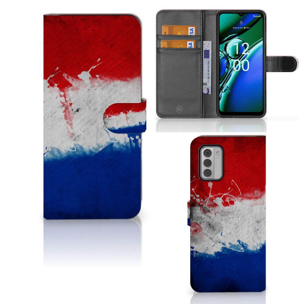 Nokia G42 Bookstyle Case Nederland met design van de Nederlandse vlag, met pasjeshouder en touchscreen toegankelijk.