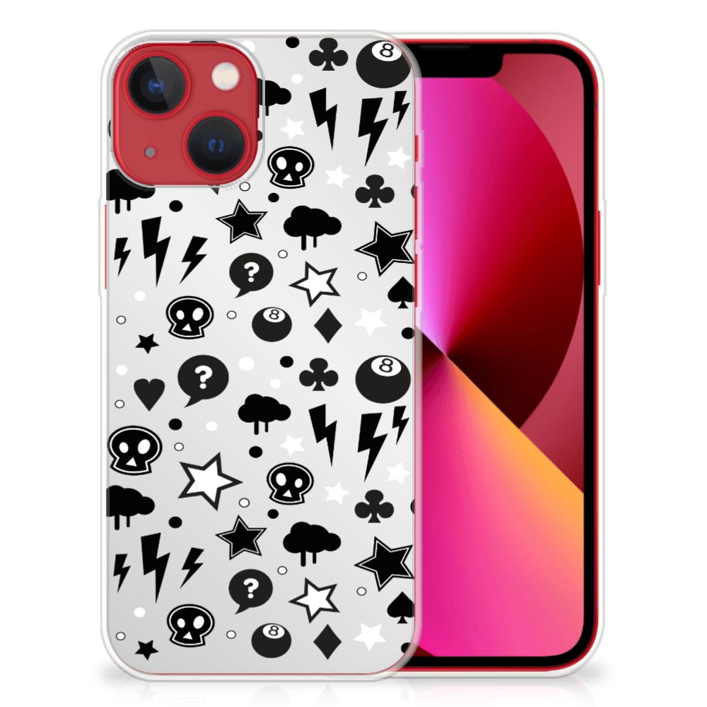 Silicone Back Case Apple iPhone 13 Silver Punk met zwart-witte iconen, sterren en bliksemflitsen âĄī¸.
