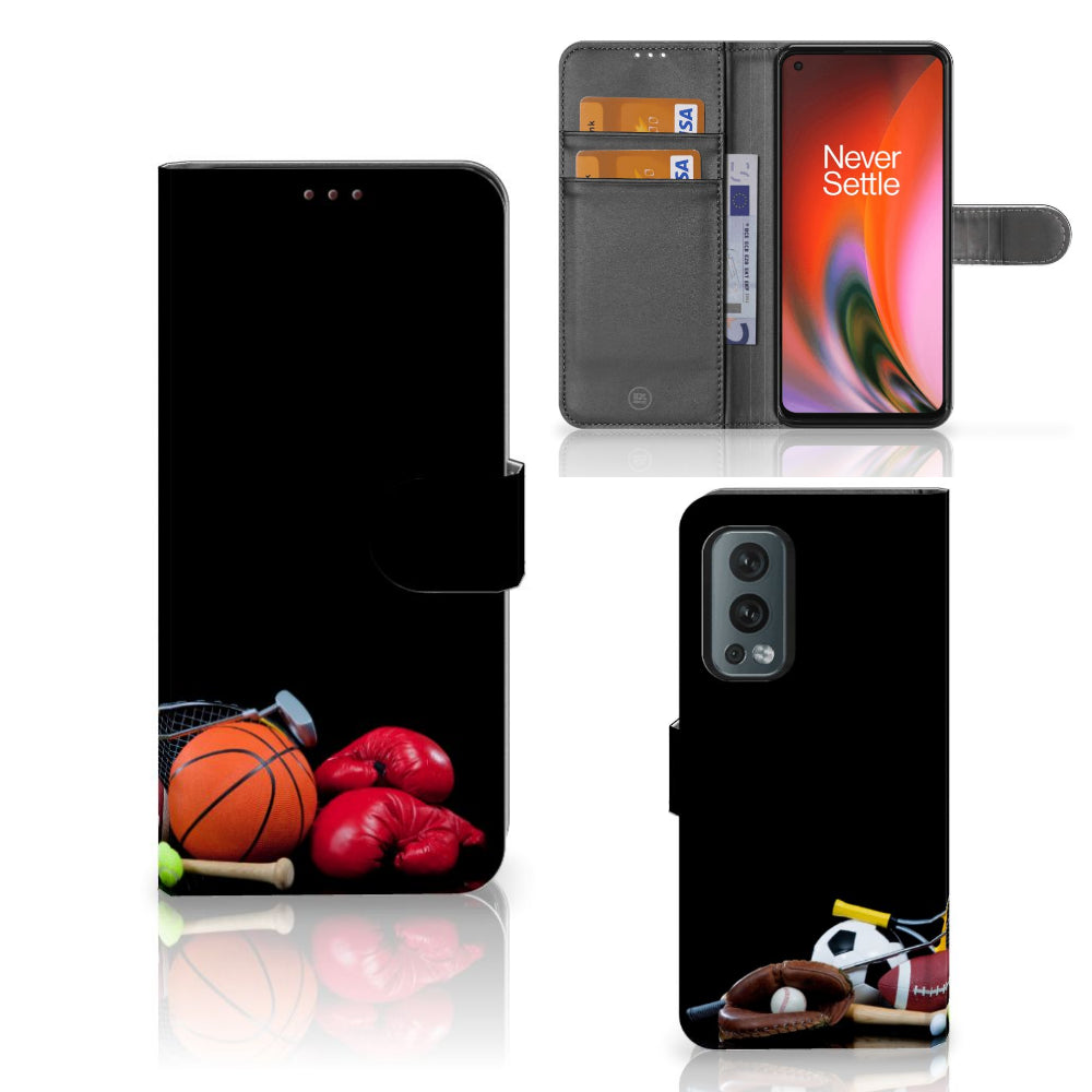 OnePlus Nord 2 5G Wallet Case met Pasjes Sports met sportuitrusting zoals voetbal, basketbal en bokshandschoenen.