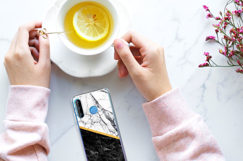 Huawei P30 Lite Anti-Shock Hoesje Marmer Wit Zwart - Origineel Cadeau Man