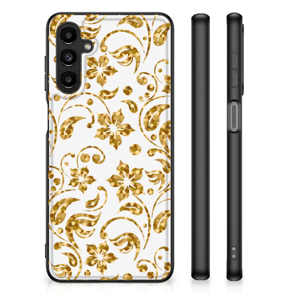 Samsung Galaxy A14 5G Bloemen Hoesje Gouden Bloemen met bloemenprint in goud en wit