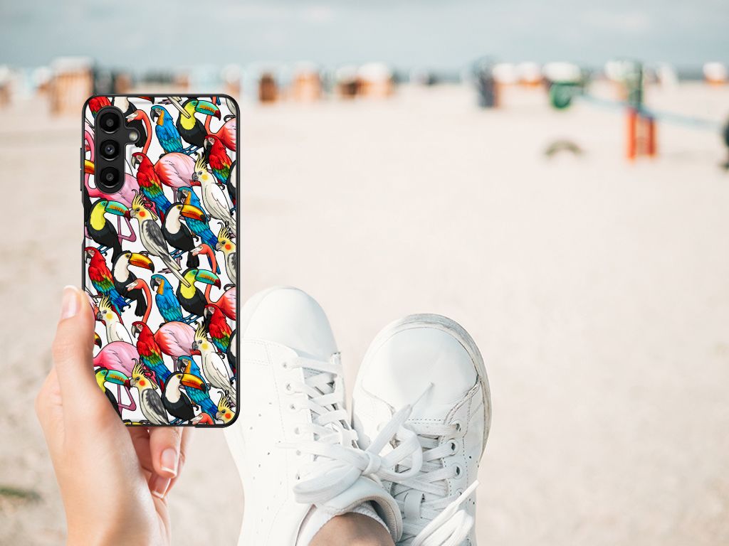Samsung Galaxy A14 5G Dierenprint Telefoonhoesje Birds met kleurrijke vogels op het strand.