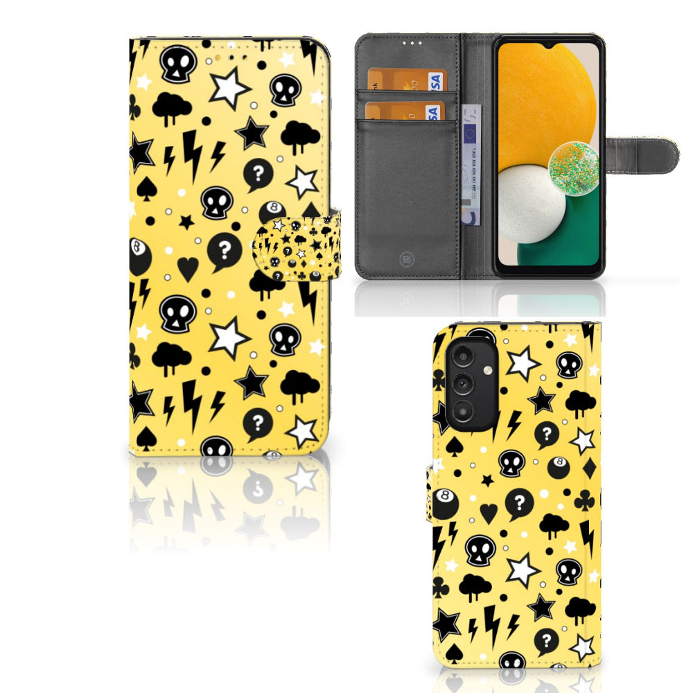 Telefoonhoesje met Naam Samsung Galaxy A14 5G Punk Geel met unieke punk design en vakjes voor pasjes.