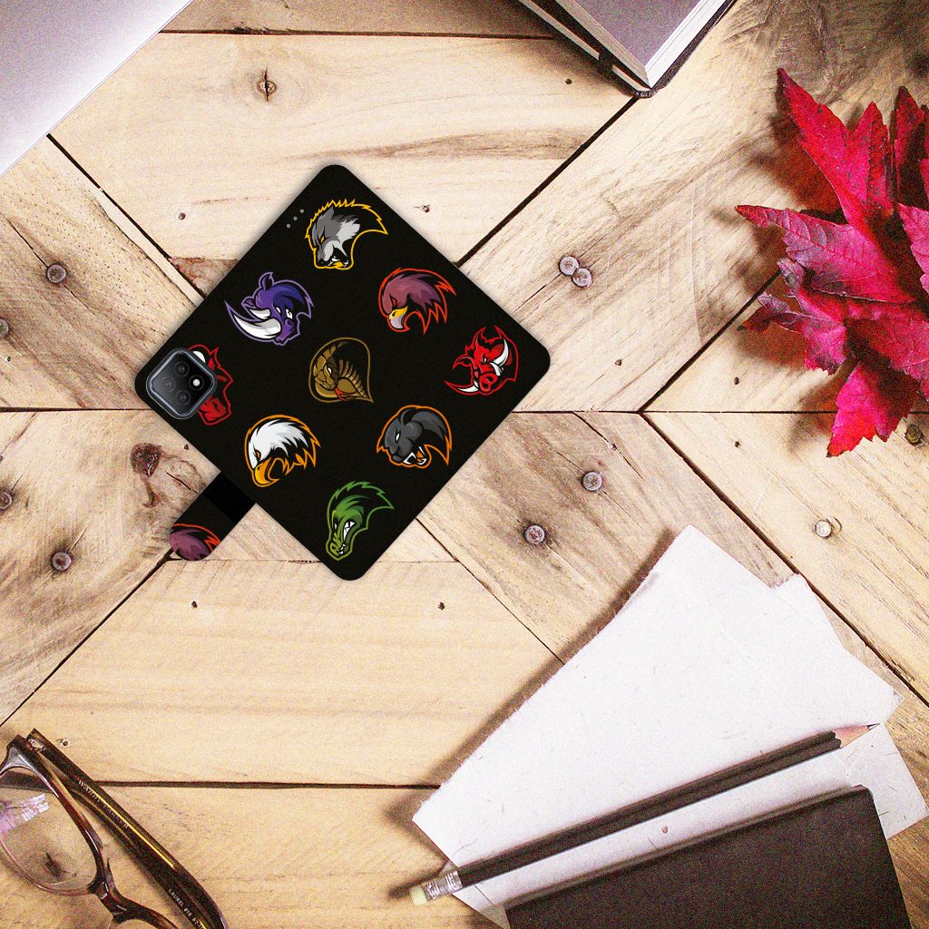 OPPO A73 5G Leuk Hoesje Cartoon met kleurrijke cartoonhoofden op een zwarte achtergrond.