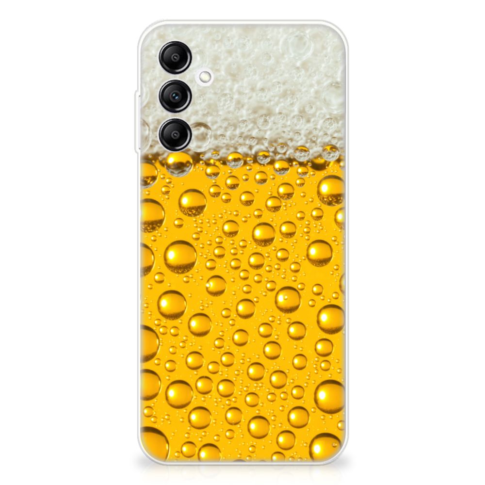 Samsung Galaxy A14 5G Siliconen Case Bier met bierprint en druppels op een transparante achtergrond.