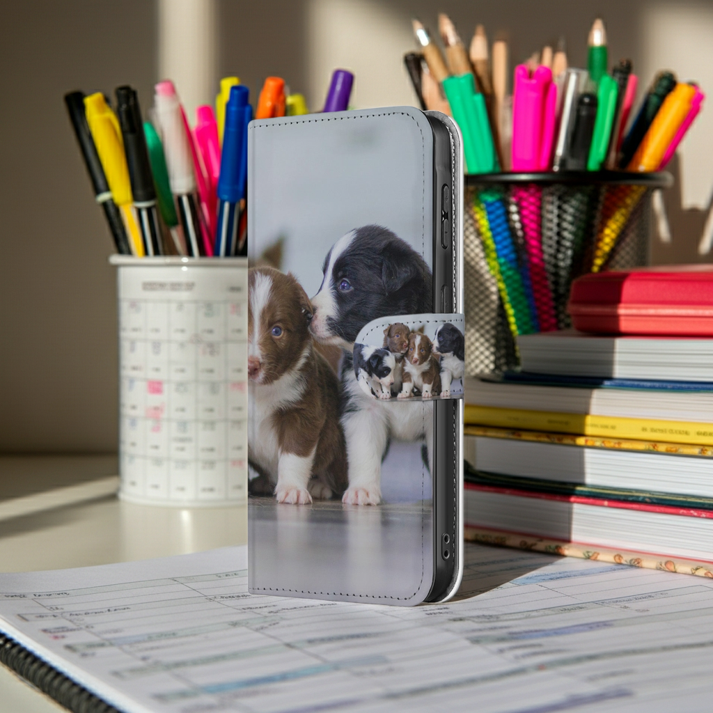 Book Case Hoesje Maken Samsung Galaxy A56 met schattige puppy afbeelding voor unieke telefoonbescherming.