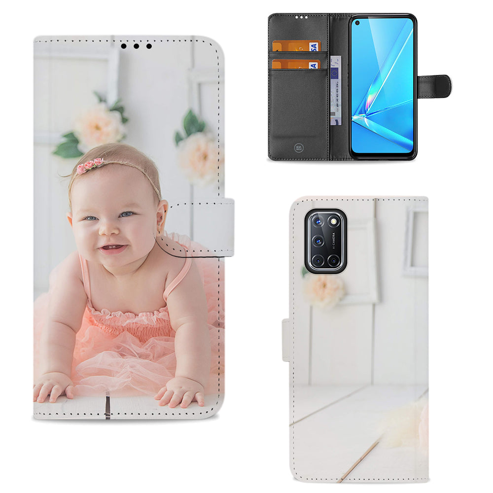OPPO A52 en A72 bookcase in drie aanzichten: babyfoto op de voorkant, open klep met vakken en de achterkant