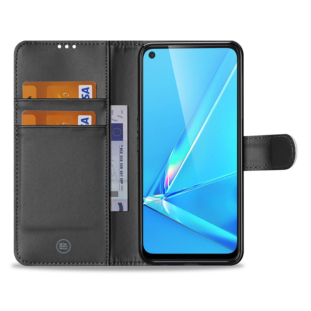 Opengeklapte bookcase voor OPPO A72 en A52 met twee pasjes, een bankbiljet en de telefoon in de houder