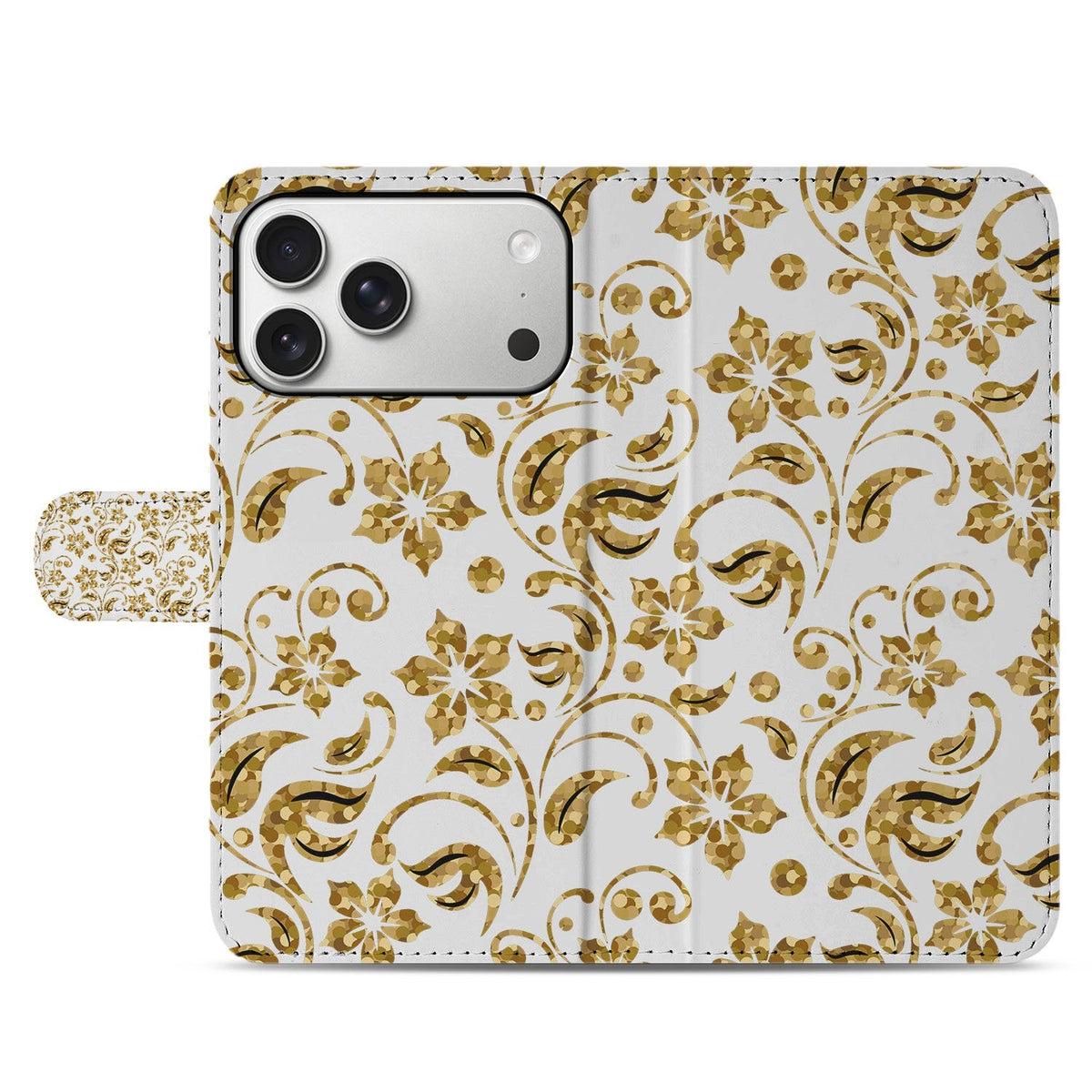 Dichtgeklapte voorflap met gouden bloemen op zwart, hoesje Gouden Bloemen voor iPhone 18 Pro Max