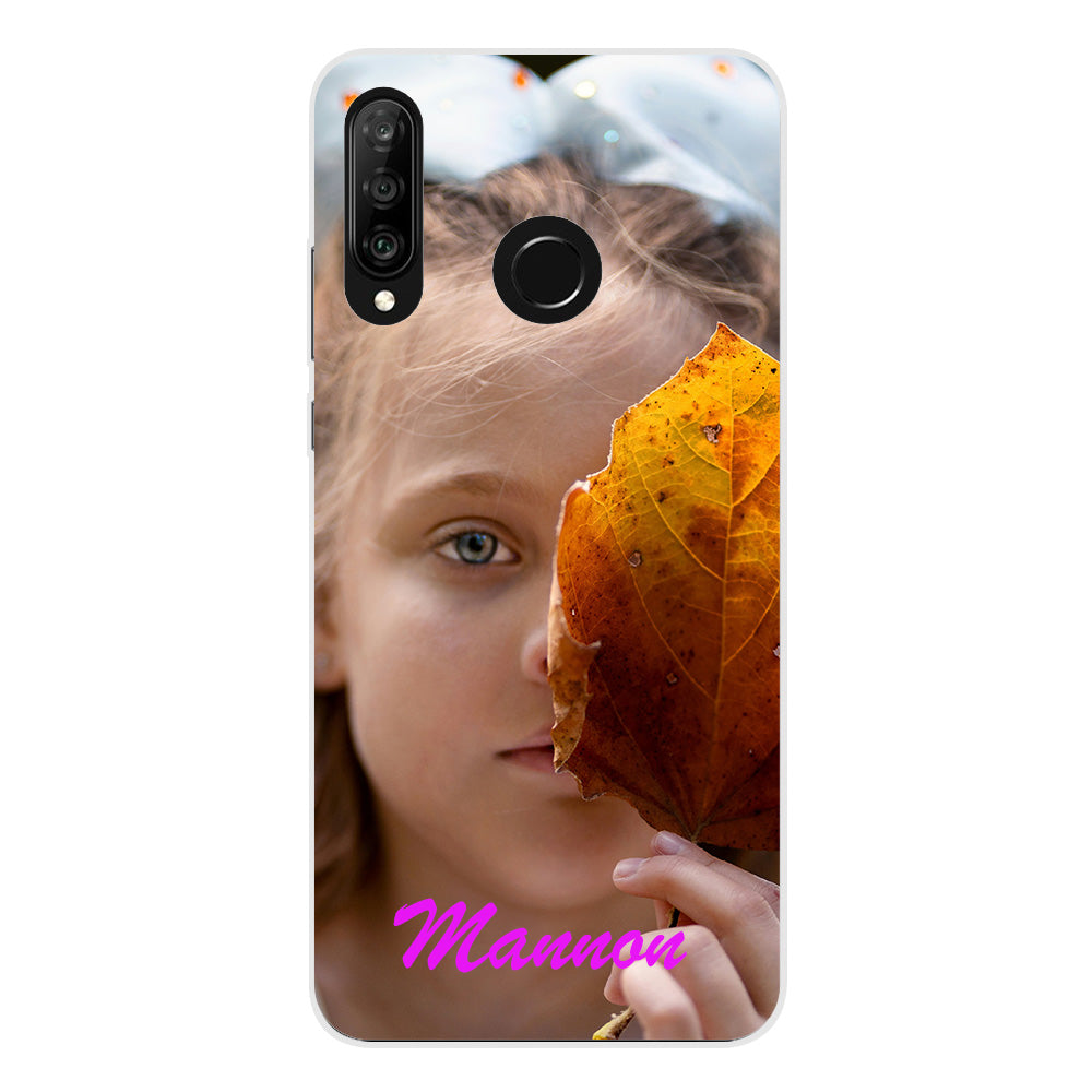 Huawei P30 Lite Hoesje Maken met Foto | TPU met afbeelding van een meisje dat een herfstblad vasthoudt.