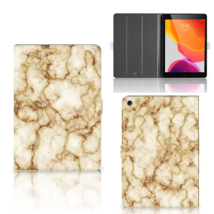 iPad 10.2 marmer goud hoesje met prachtig gouden marmerdesign en standaard voor veilig gebruik.