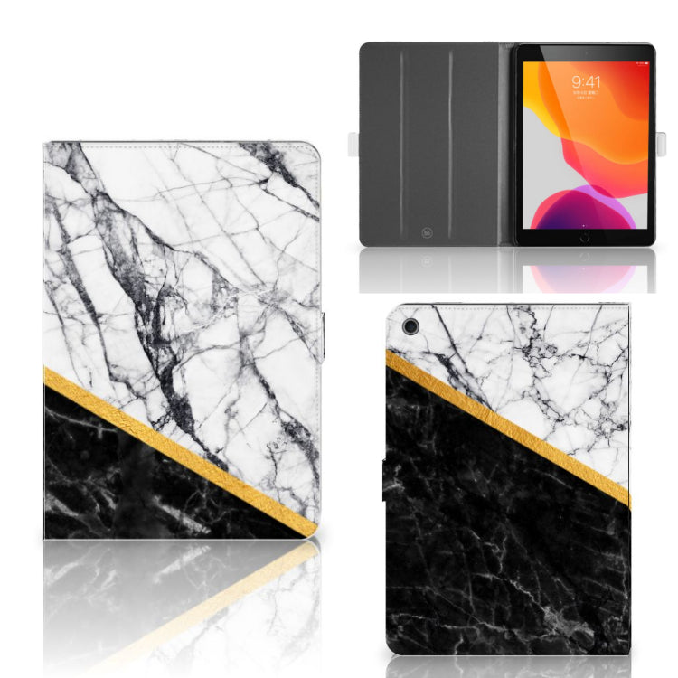 Leuk Tablet hoesje Marmer Wit Zwart - Origineel Cadeau Man - collage met voor-, achter- en binnenkant