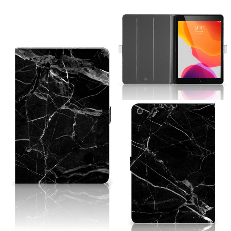 Leuk Tablet hoesje Marmer Zwart - Origineel Cadeau Vader - collage met voor-, achter- en binnenkant