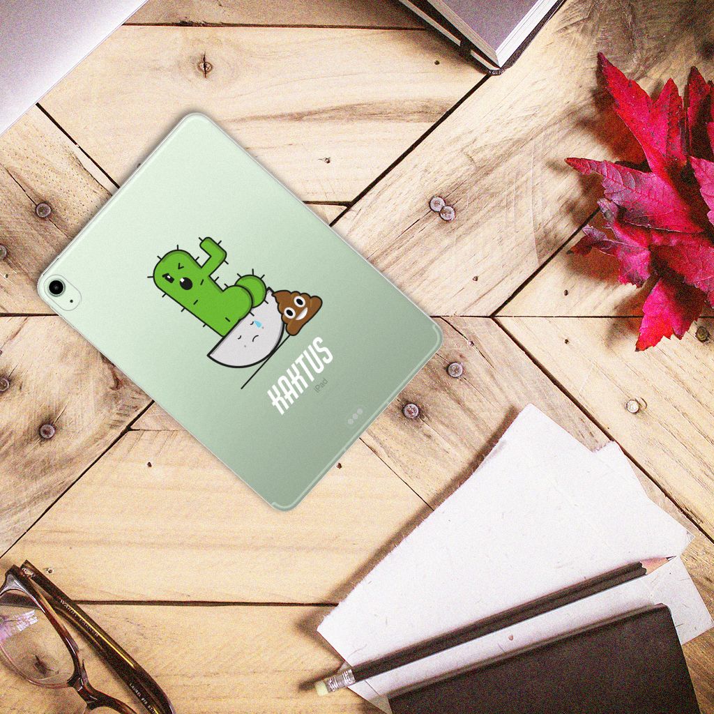 iPad Air (2020/2022) 10.9 inch Tablet Back Cover Cactus Poo met schattige cactus en poep emoji đ op houten tafel.