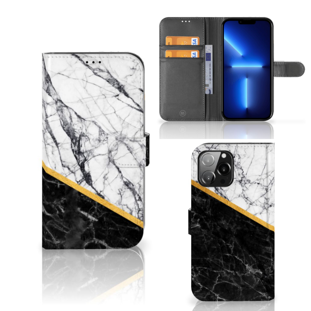 iPhone 13 Pro Max Bookcase Marmer Wit Zwart - Origineel Cadeau Man smartphone hoesje marmer design voorkant zij aanzicht