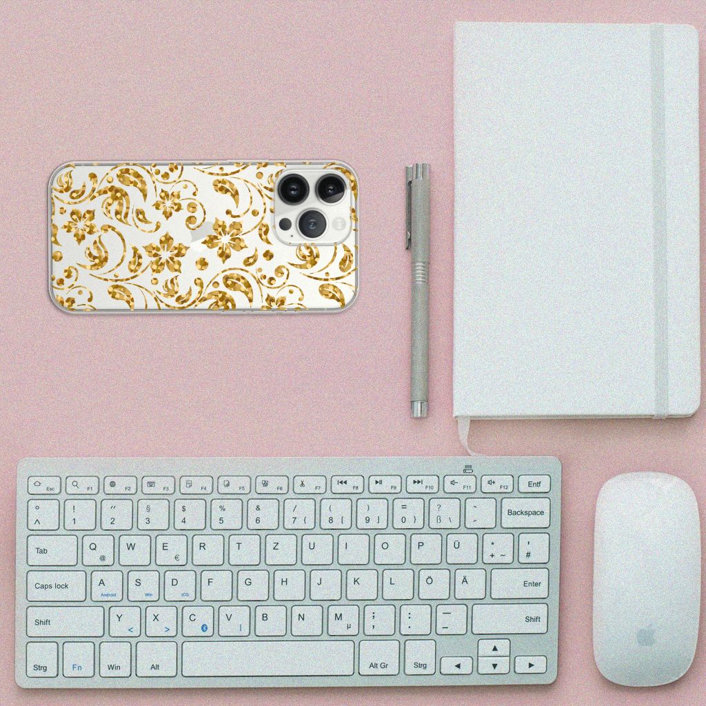 iPhone 13 Pro Max TPU Case Gouden Bloemen bovenkant toetsenbord muis notitieboekje
