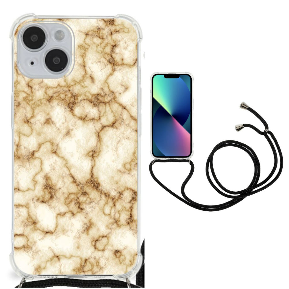 iPhone 14 Anti-Shock Hoesje Marmer Goud achterkant telefoon met koord
