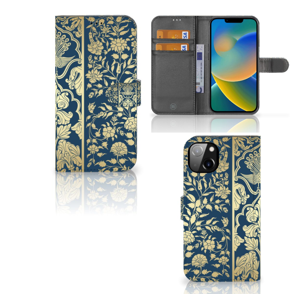 iPhone 14 Plus Hoesje Beige Flowers boekcase bloemen donkerblauw aanzicht