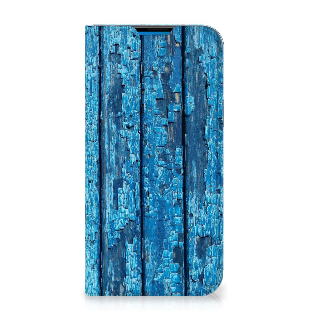 iPhone 14 Pro Max Book Wallet Case Wood Blue blauw hout vooraanzicht