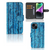 iPhone 15 Book Style Case Wood Blue met een prachtig blauw houten ontwerp en ruimte voor pasjes.