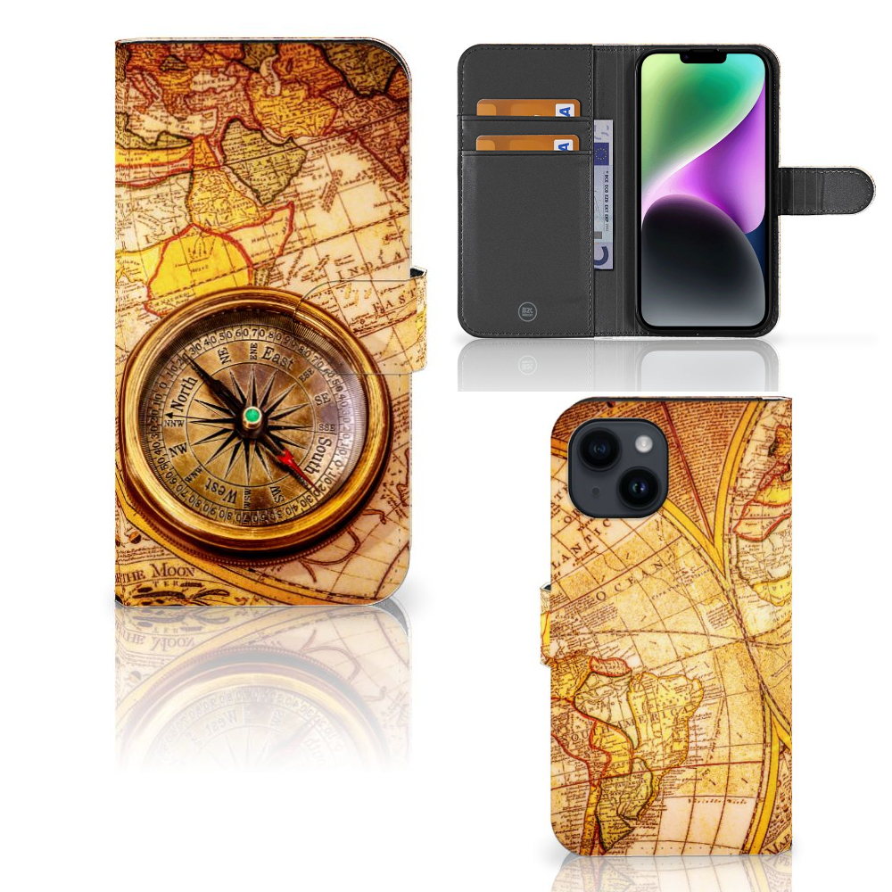 iPhone 15 Flip Cover Kompas met vintage kaartdesign en kompasafbeelding, perfect voor avontuurlijke gebruikers.