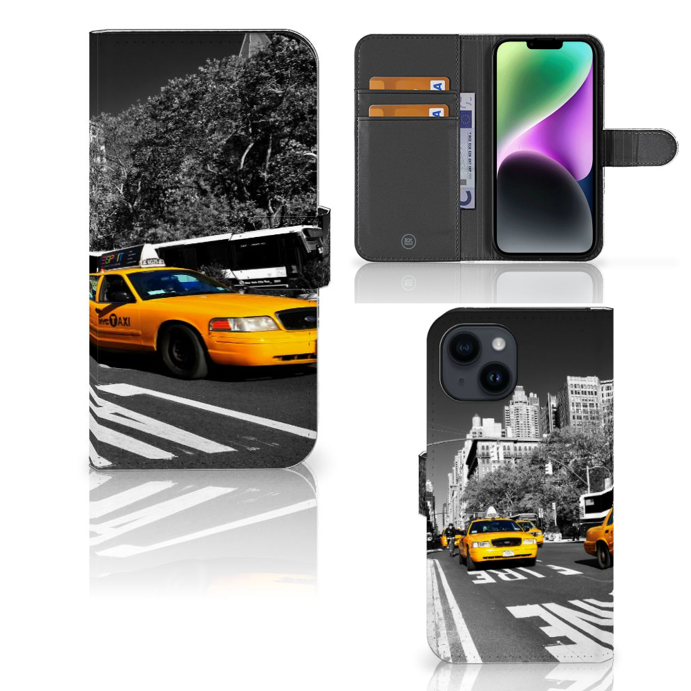 iPhone 15 Flip Cover New York Taxi hoesje zwart wit taxi aanzicht