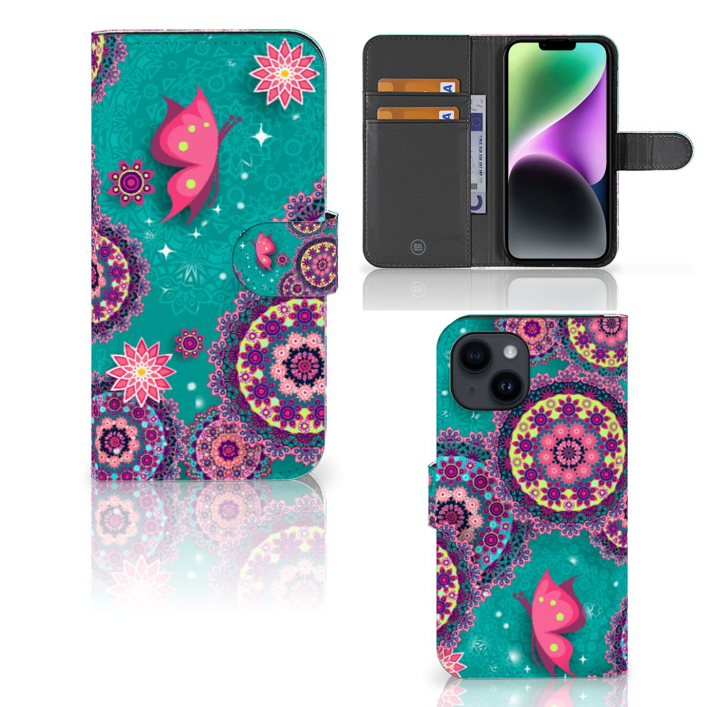iPhone 15 Hoesje Cirkels en Vlinders met kleurrijke design en vlinders đĻ, geschikt voor pasjes en bescherming.