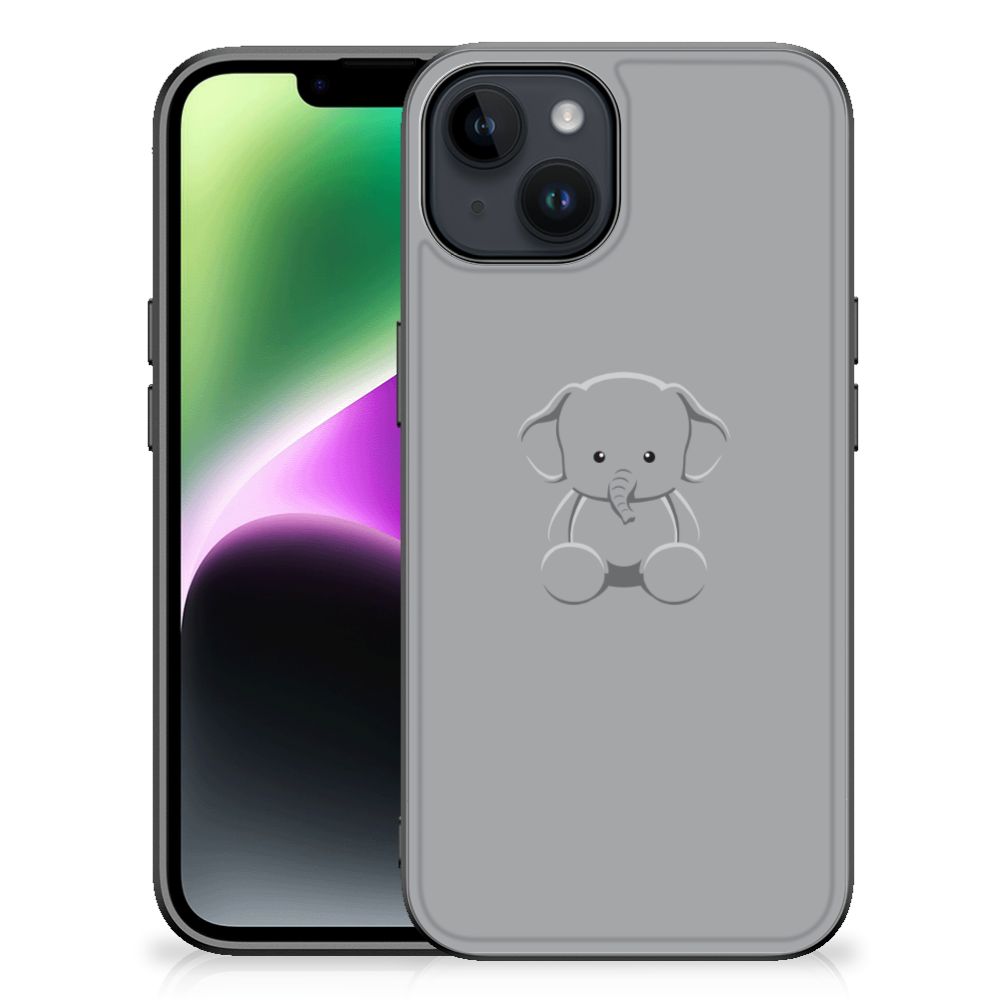 Apple iPhone 15 hoesje Grijs Baby Olifant design illustratie achterzijde