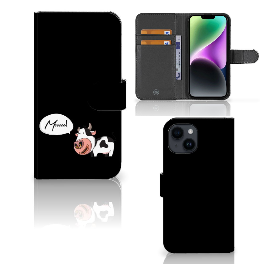iPhone 15 Leuk Hoesje Cow met schattige koeprint en vakjes voor kaarten